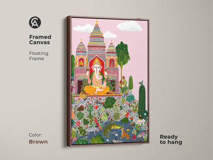 Framed canvas displaying Ganesha folk art with a brown floating frame. This spiritual housewarming gift showcases eclectic zebra prints. Ready to hang and full of color its vibrant botanical art complements any space. Add a cultural touch with this religious Ganesha wall art