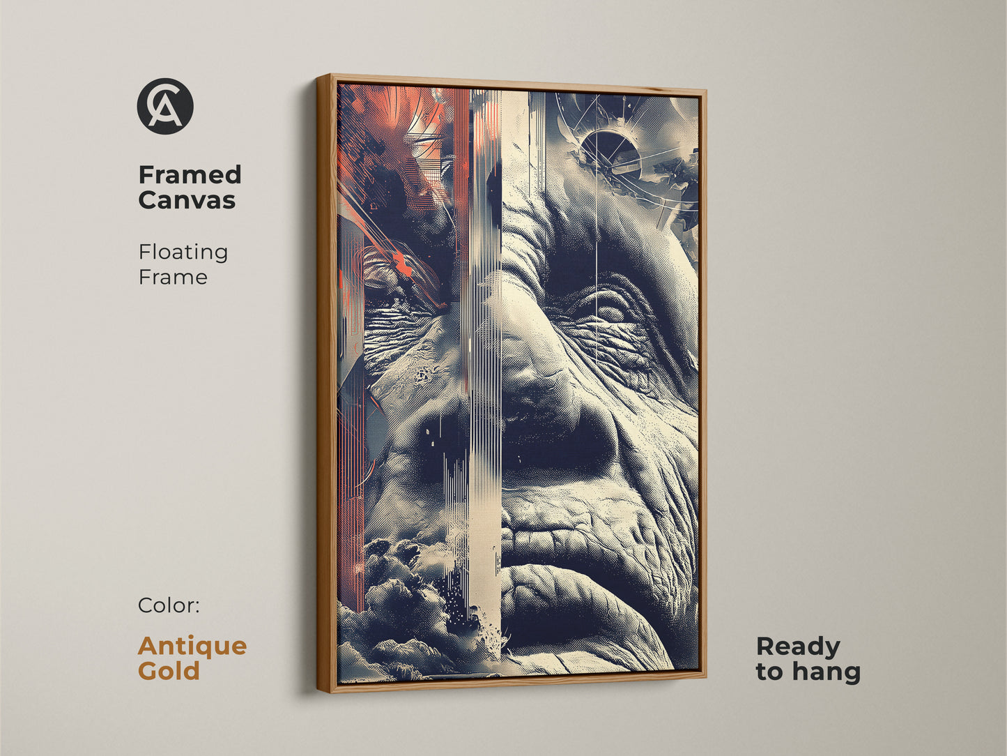 Framed Canvas of glitch art with an old man's face. This abstract portrait with geometric details combines terracotta beige and navy. The antique gold floating frame enhances eclectic style. Perfect for study or office.