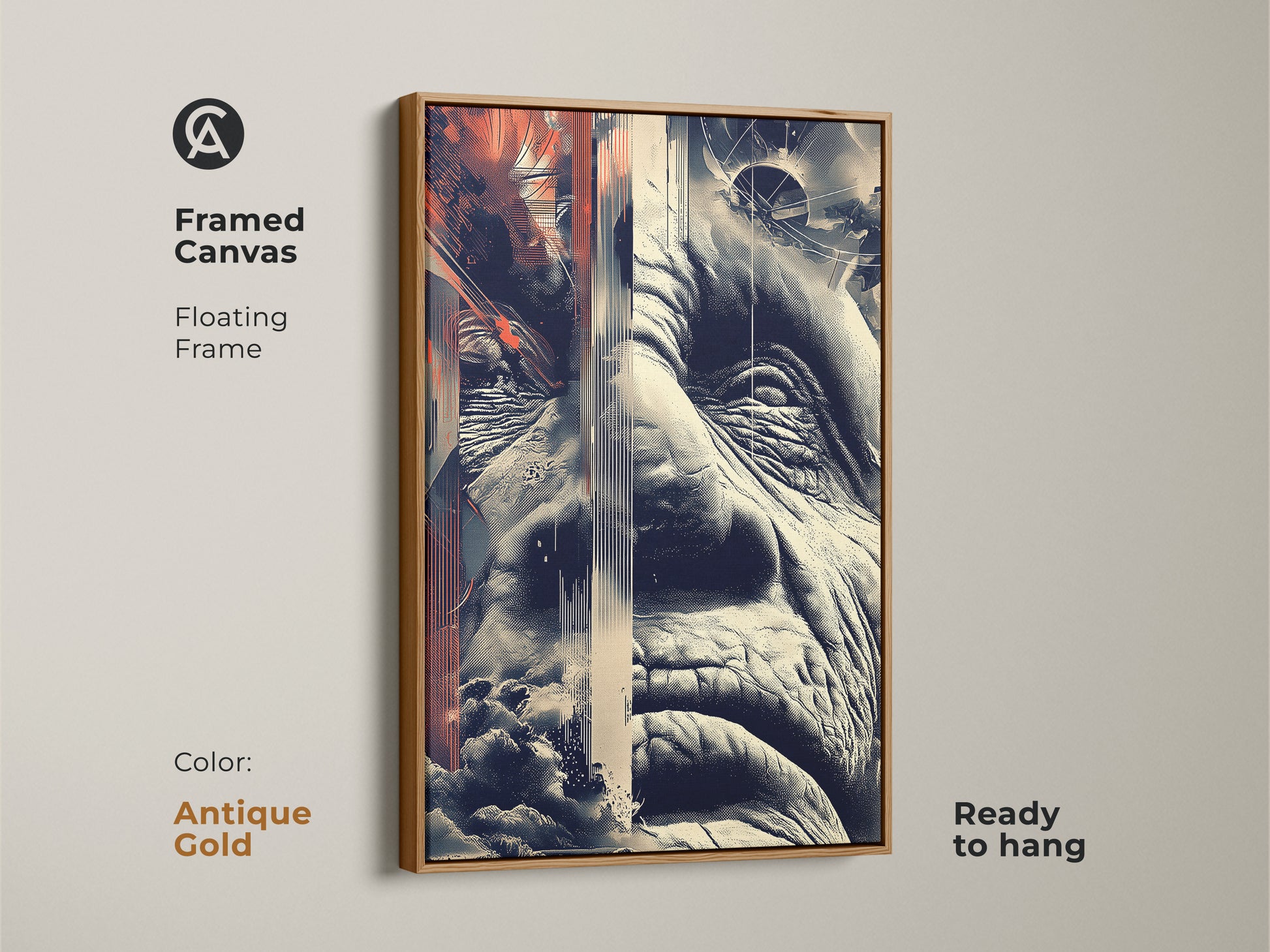 Framed Canvas of glitch art with an old man's face. This abstract portrait with geometric details combines terracotta beige and navy. The antique gold floating frame enhances eclectic style. Perfect for study or office.