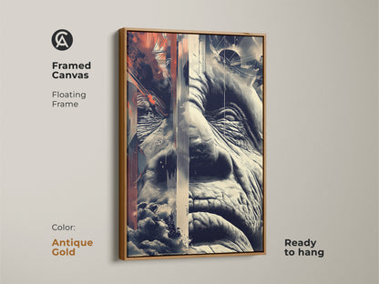 Framed Canvas of glitch art with an old man's face. This abstract portrait with geometric details combines terracotta beige and navy. The antique gold floating frame enhances eclectic style. Perfect for study or office.