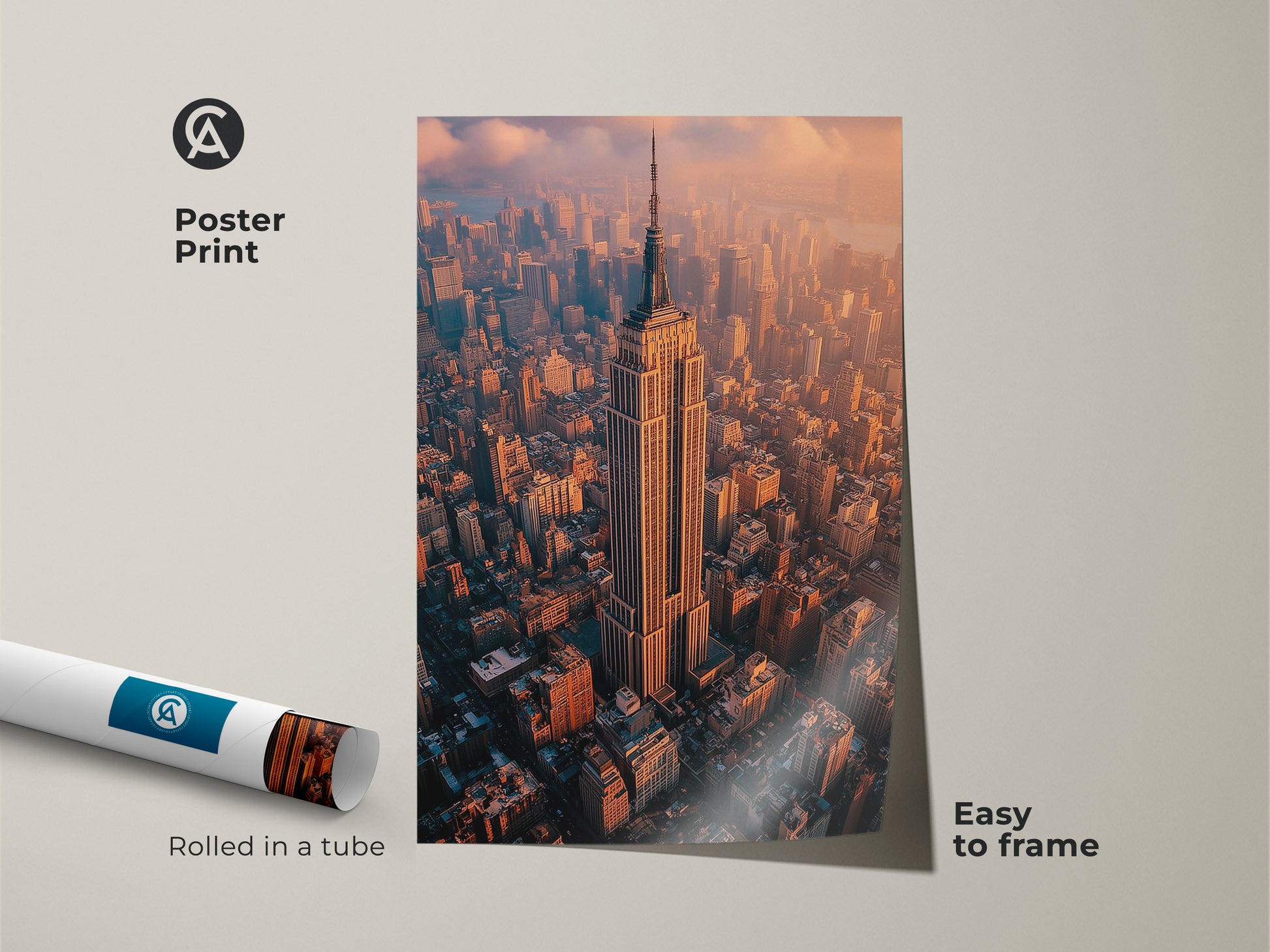 Poster Print art showcases the Empire State Building. Rolled in a tube for protection it is easy to frame. The artwork presents a stunning aerial view of the New York City landmark perfect for art collectors.