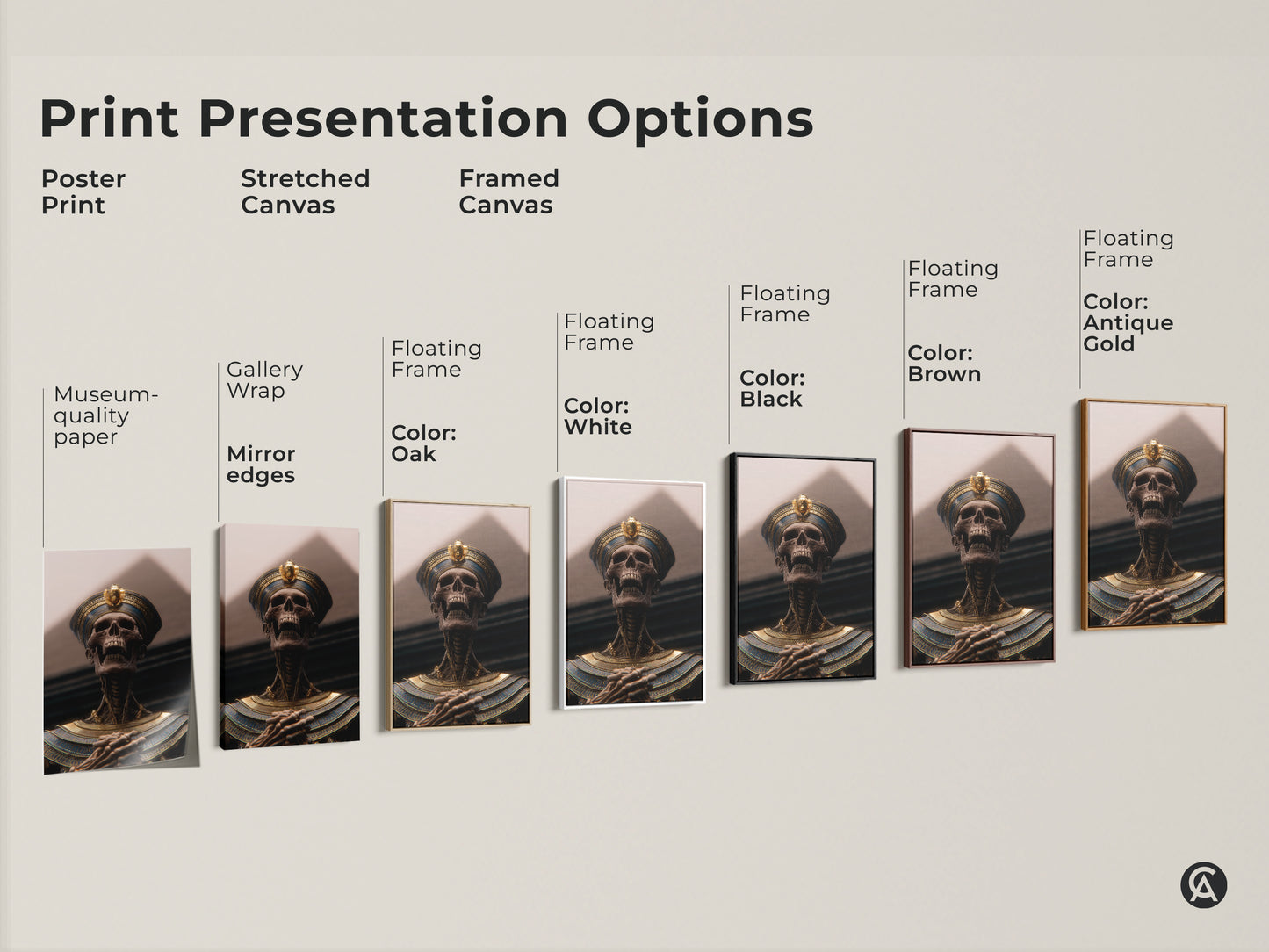 Explore various print options for pharaoh skeleton artwork. Choose from poster prints stretched canvas or framed options. Select museum quality paper gallery wrap edges or floating frames. Available in black brown oak white or antique gold to fit any study office or eclectic space.