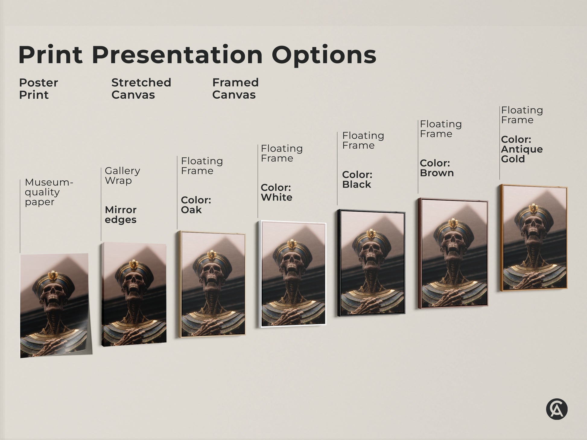 Explore various print options for pharaoh skeleton artwork. Choose from poster prints stretched canvas or framed options. Select museum quality paper gallery wrap edges or floating frames. Available in black brown oak white or antique gold to fit any study office or eclectic space.