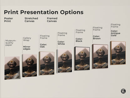 Explore various print options for pharaoh skeleton artwork. Choose from poster prints stretched canvas or framed options. Select museum quality paper gallery wrap edges or floating frames. Available in black brown oak white or antique gold to fit any study office or eclectic space.