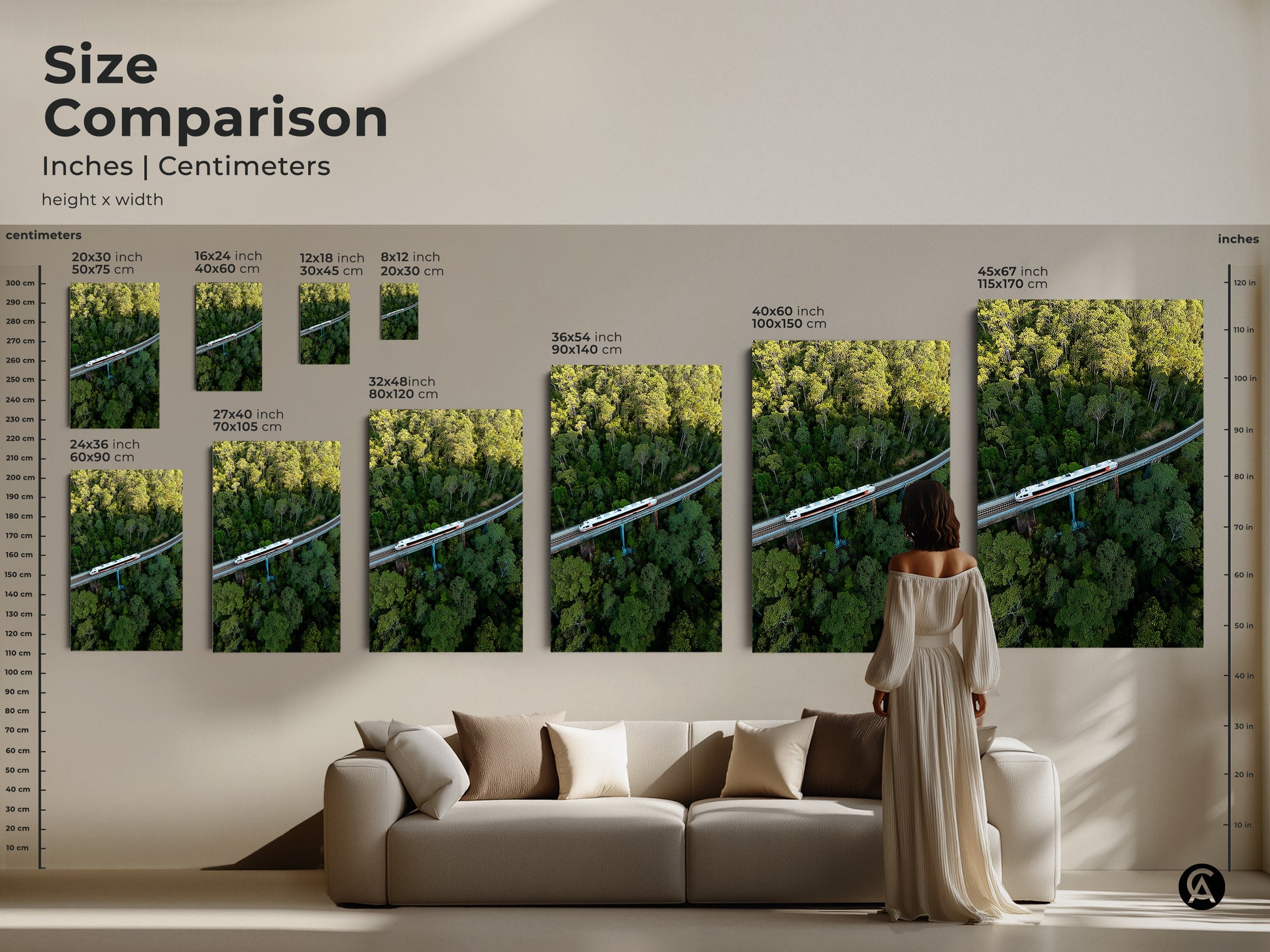 Size comparison of aerial train canvas art in inches and centimeters. Visualize 20x30 to 45x67 inch prints. See how forest landscape wall art fits your space. Modern transportation prints for contemporary decor. Choose the perfect green nature photography size.