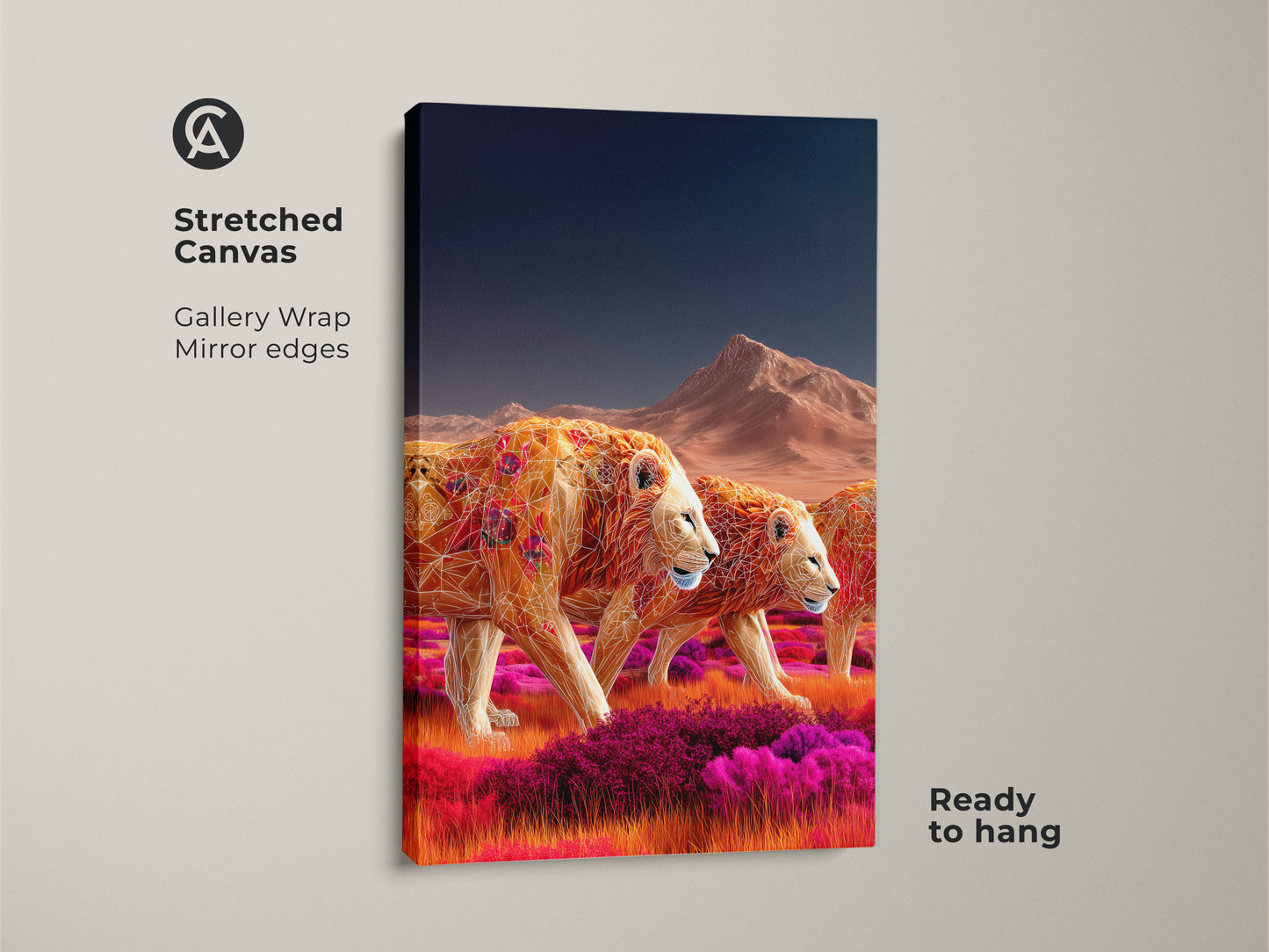 Stretched canvas gallery wrap art featuring geometric lions in a vibrant savanna. The wildlife canvas print has mirrored edges. Tangerine and ochre tones create a boho wall art piece that is ready to hang. Enhance your living room with this colorful safari artwork.