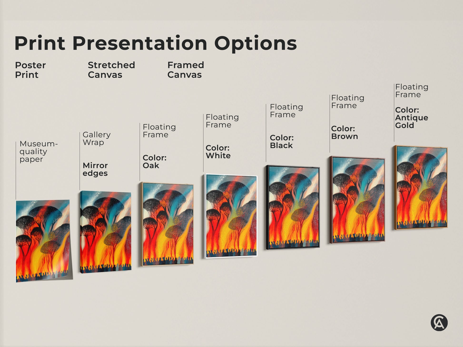 Print presentation options for abstract trees art. Choose from poster print stretched canvas or framed canvas. Select floating frames in black brown antique gold oak or white.