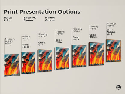 Print presentation options for abstract trees art. Choose from poster print stretched canvas or framed canvas. Select floating frames in black brown antique gold oak or white.