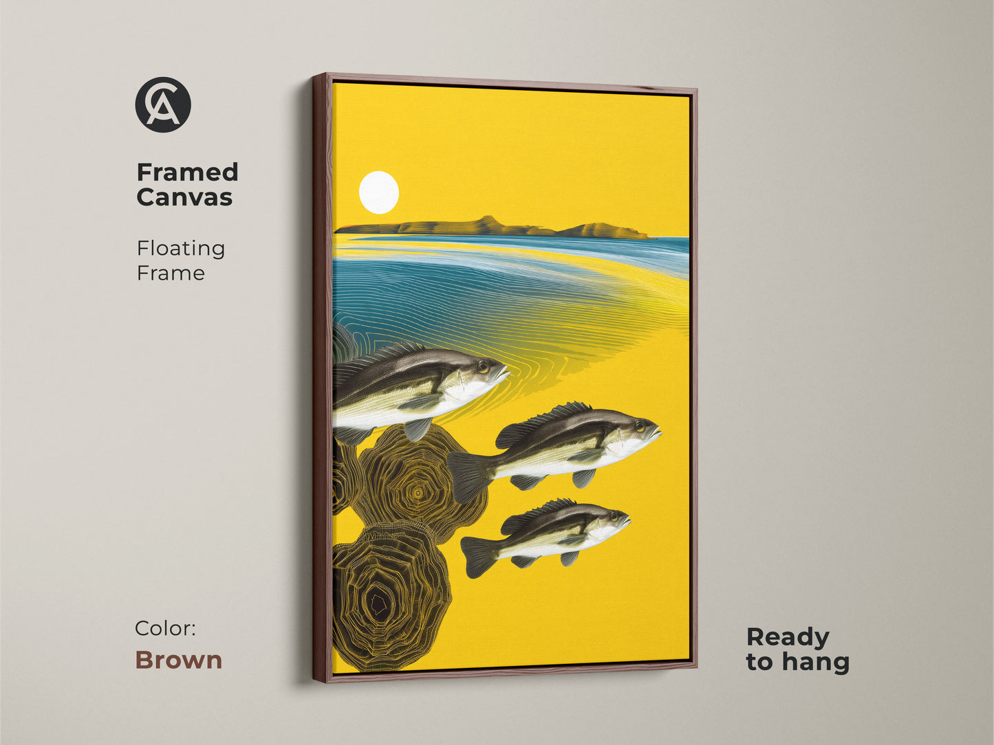 Elevate your home with this framed canvas art showcasing a vibrant abstract fish and landscape theme. The eclectic wall artwork is in a floating brown frame. The artwork adds warmth and sophistication to any room it occupies.