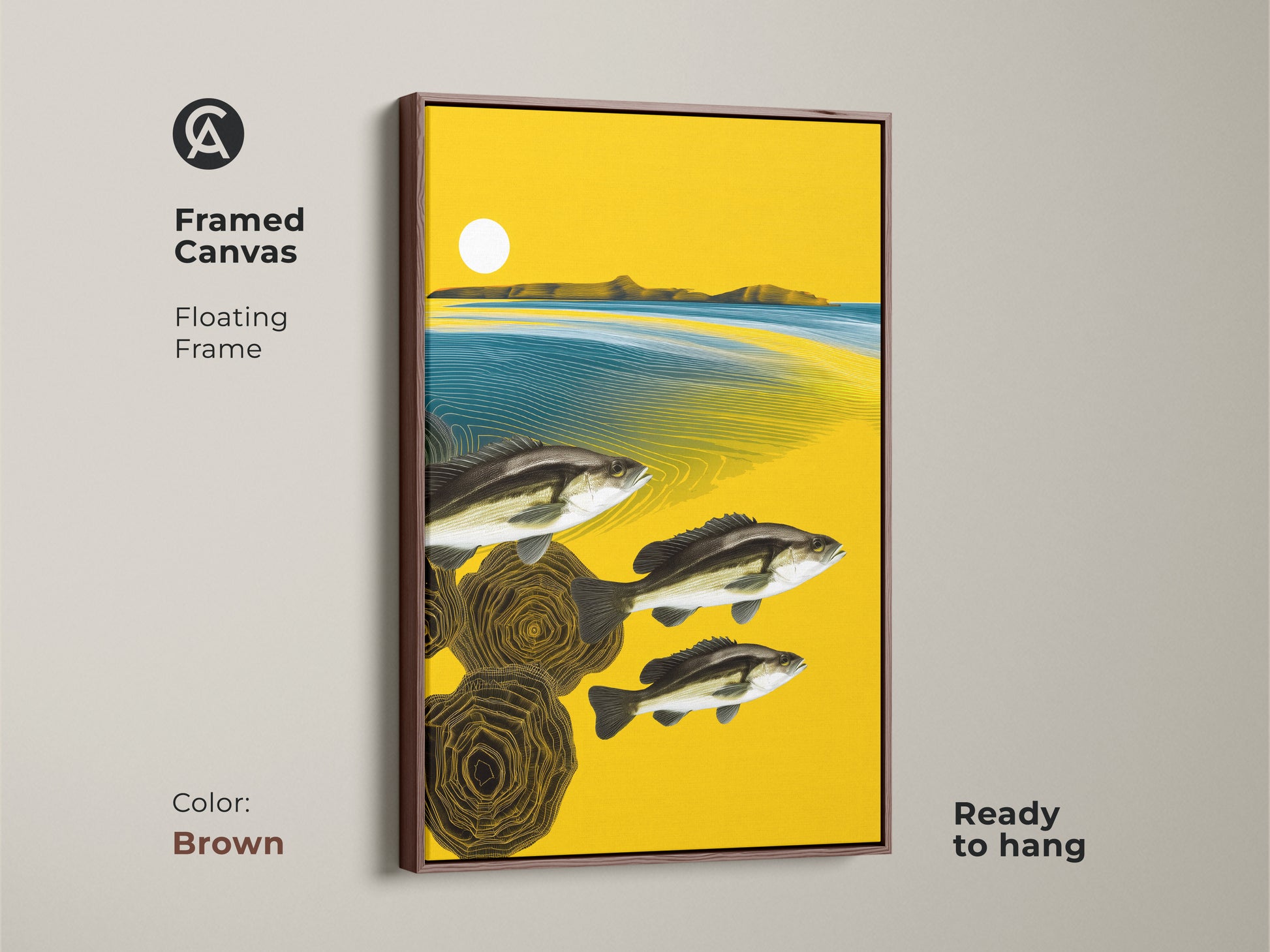 Elevate your home with this framed canvas art showcasing a vibrant abstract fish and landscape theme. The eclectic wall artwork is in a floating brown frame. The artwork adds warmth and sophistication to any room it occupies.
