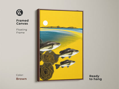 Elevate your home with this framed canvas art showcasing a vibrant abstract fish and landscape theme. The eclectic wall artwork is in a floating brown frame. The artwork adds warmth and sophistication to any room it occupies.