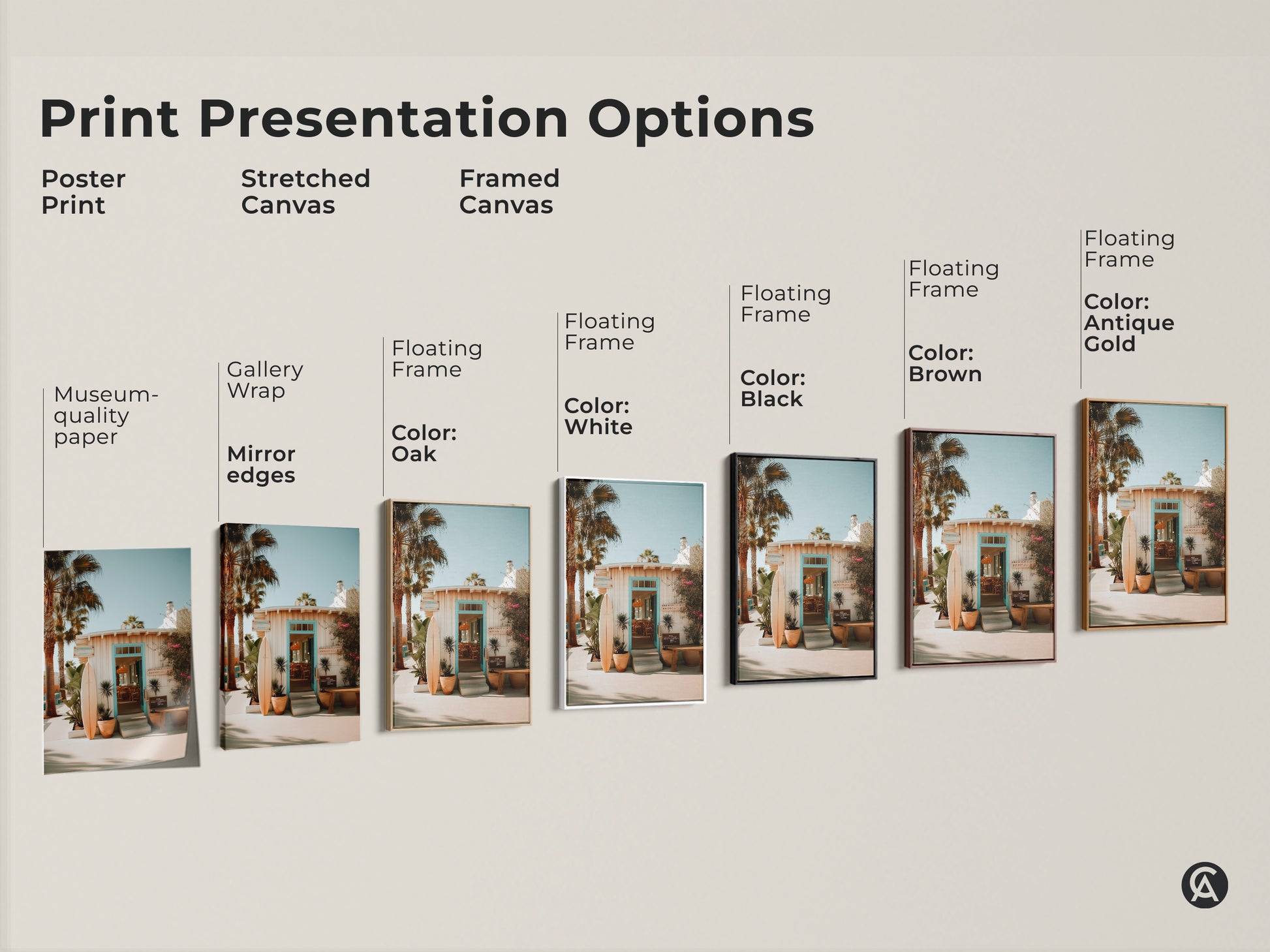 Print presentation options including poster prints stretched canvas and framed canvas. Each features a beach resort entrance scene. Choose the perfect style to match your decor. Find museum quality paper gallery wrap and floating frames.