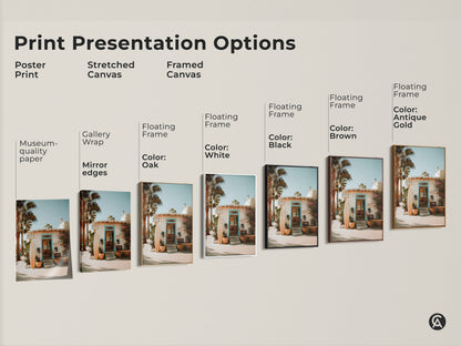 Print presentation options including poster prints stretched canvas and framed canvas. Each features a beach resort entrance scene. Choose the perfect style to match your decor. Find museum quality paper gallery wrap and floating frames.