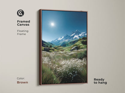 Add warmth to your home with this framed mountain landscape artwork. The brown floating frame complements the natural beauty of the scene. Ready to hang and enjoy. This framed canvas captures the essence of mountain scenery. A stunning piece of wall decor.