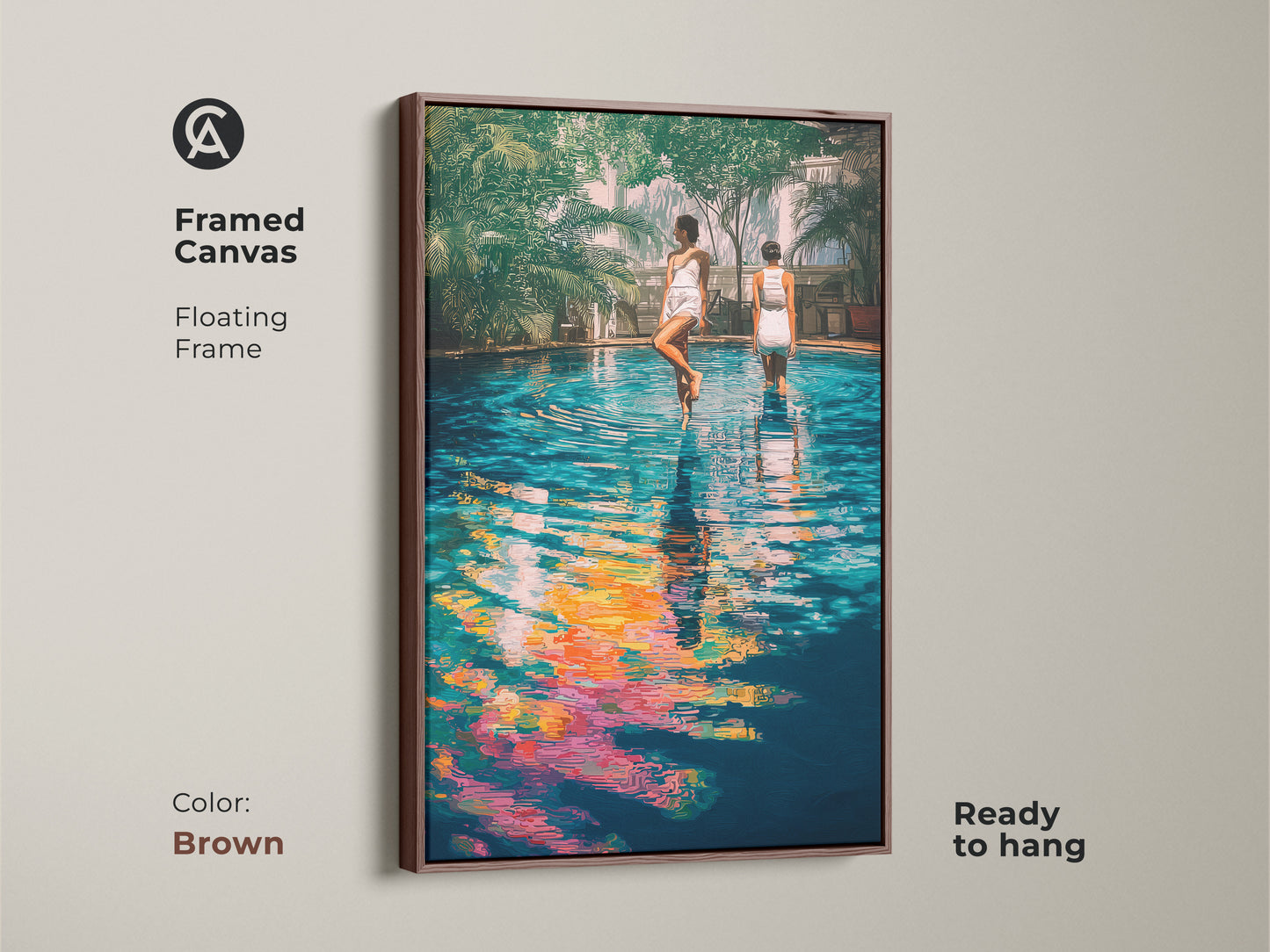 This framed canvas has a floating frame and displays a poolside scene in brown tones. The teal yellow blue artwork brings a leisure vibe with water reflection art. It is ready to hang and perfect for living room decor.
