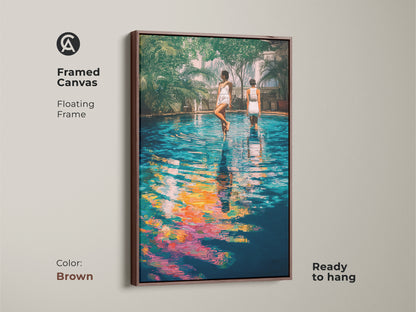 This framed canvas has a floating frame and displays a poolside scene in brown tones. The teal yellow blue artwork brings a leisure vibe with water reflection art. It is ready to hang and perfect for living room decor.