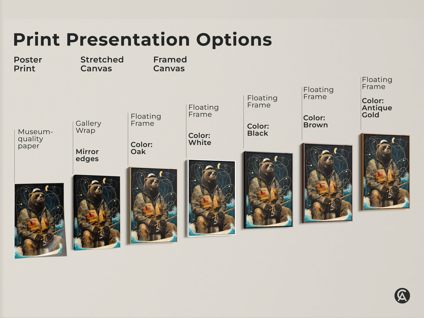 Check out our print presentation options. Here is a museum-quality paper poster print. Also see the stretched canvas gallery wrap with mirror edges. And the framed canvas with floating frame in Oak White Black Brown and Antique Gold