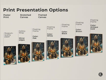 Check out our print presentation options. Here is a museum-quality paper poster print. Also see the stretched canvas gallery wrap with mirror edges. And the framed canvas with floating frame in Oak White Black Brown and Antique Gold
