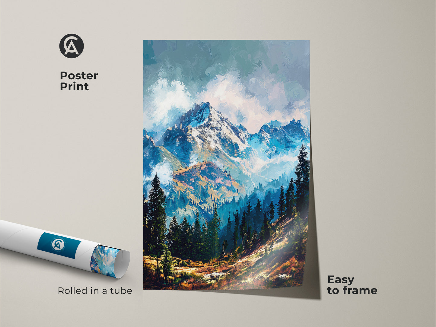 Bring nature indoors with this poster print of a mountain landscape. The artwork is easy to frame. It features a picturesque mountain range with lush forests. Perfect for adding a touch of wilderness to your walls.