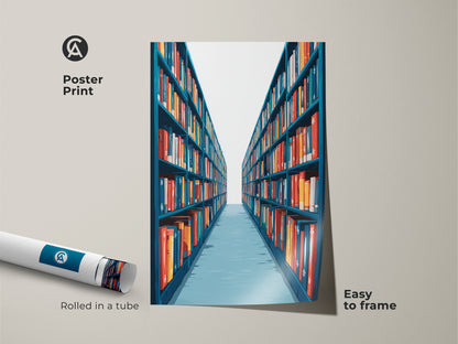 Poster Print of a Library Bookshelf with teal and red hues rolled in a tube. This illustrative architecture print is easy to frame. It's an ideal contemporary art choice for a book lover's gift or modern aisle art.