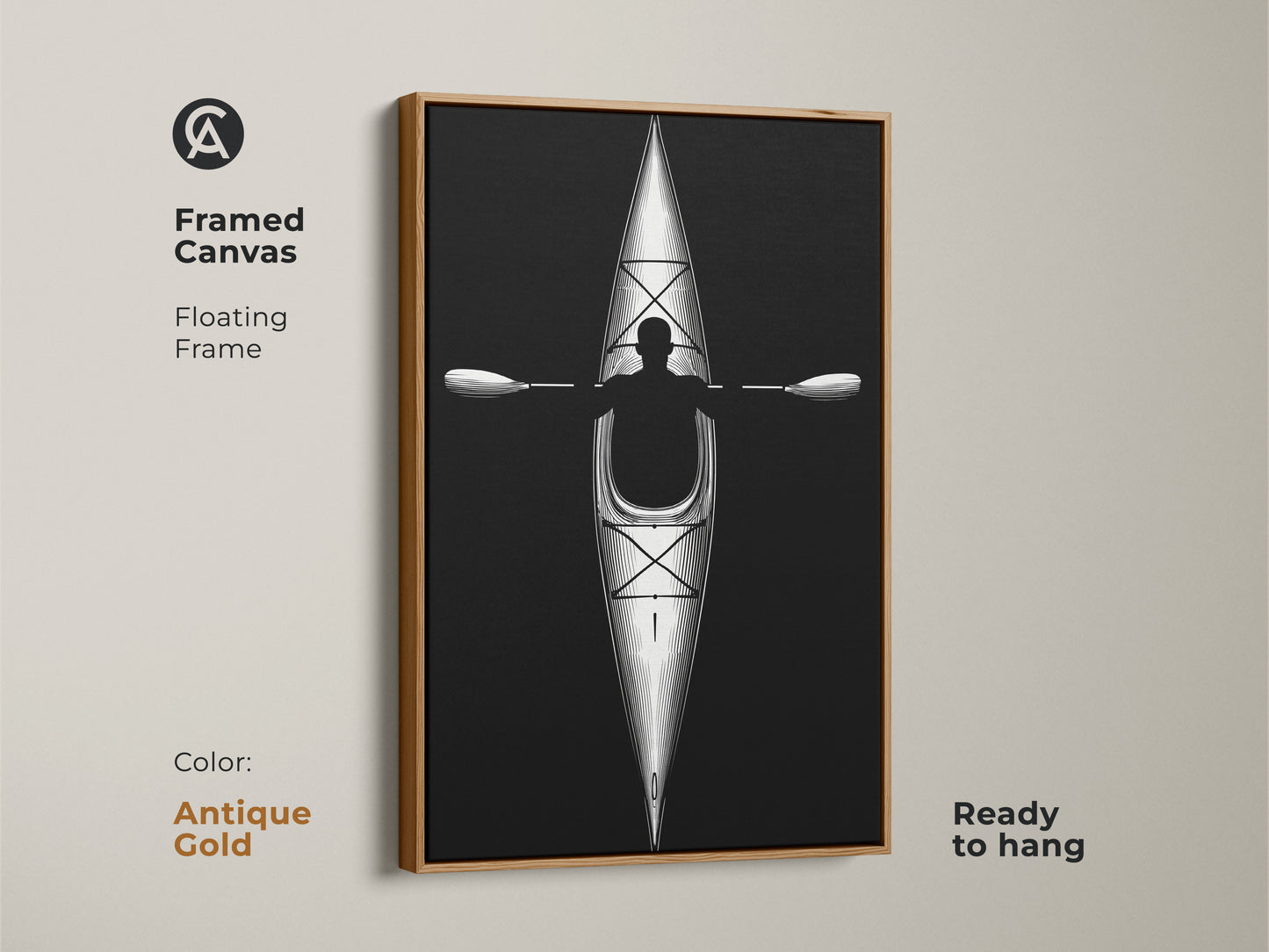 Framed canvas with floating frame displaying minimalist kayak line artwork in antique gold. Ready to hang this black and white paddler print is a unique office art piece.