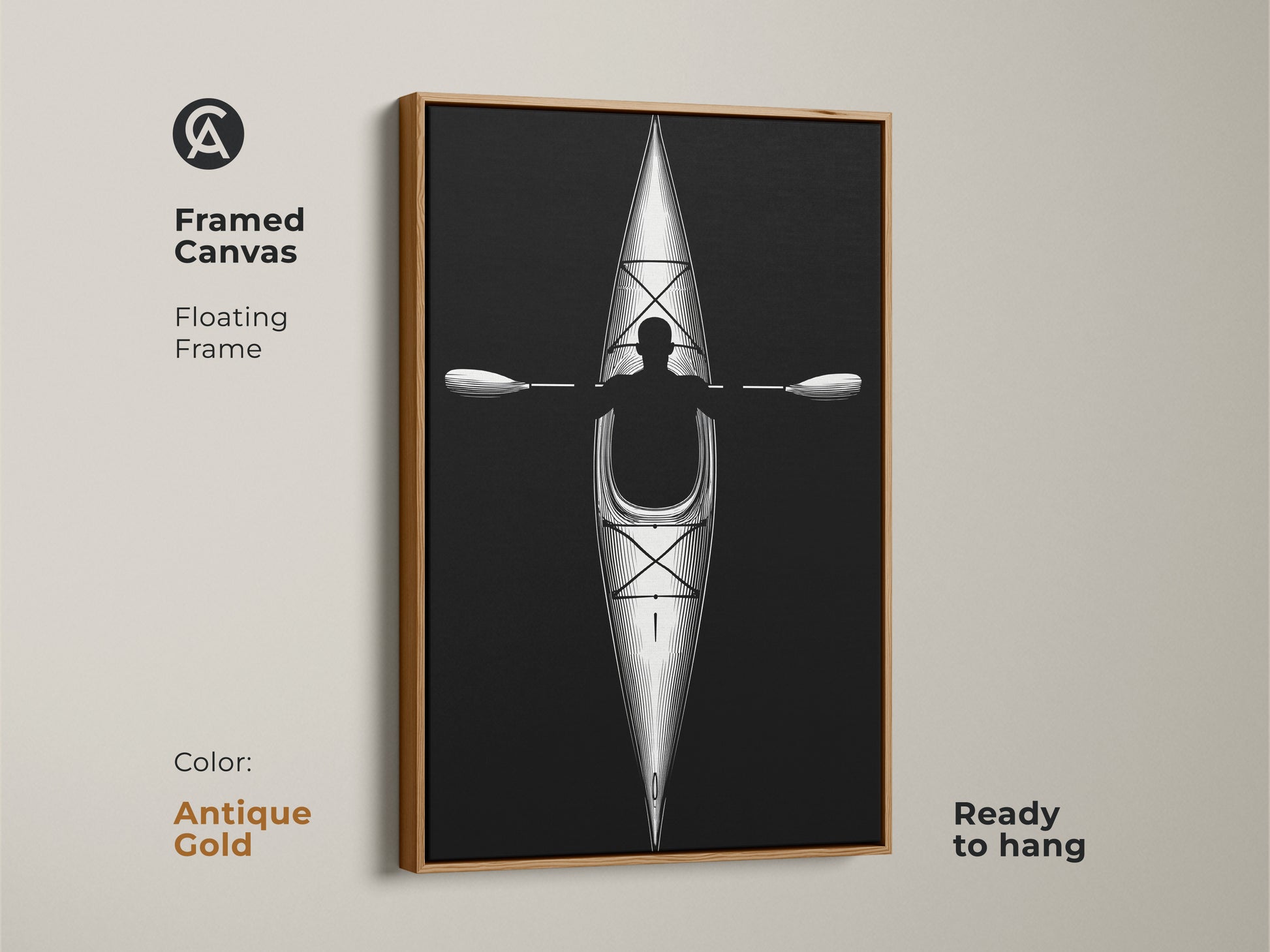 Framed canvas with floating frame displaying minimalist kayak line artwork in antique gold. Ready to hang this black and white paddler print is a unique office art piece.