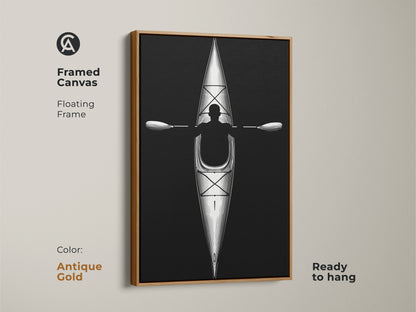Framed canvas with floating frame displaying minimalist kayak line artwork in antique gold. Ready to hang this black and white paddler print is a unique office art piece.