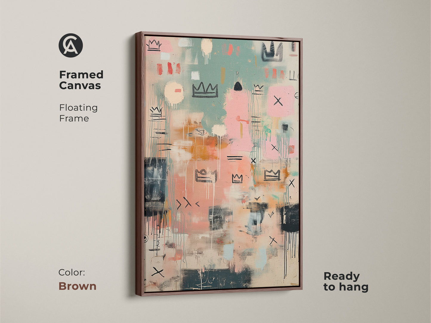 Framed canvas artwork with a floating brown frame. The abstract crown art is ready to hang. This piece brings a contemporary feel to your wall decor. Perfect for adding a touch of modern style.