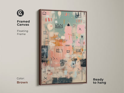 Framed canvas artwork with a floating brown frame. The abstract crown art is ready to hang. This piece brings a contemporary feel to your wall decor. Perfect for adding a touch of modern style.