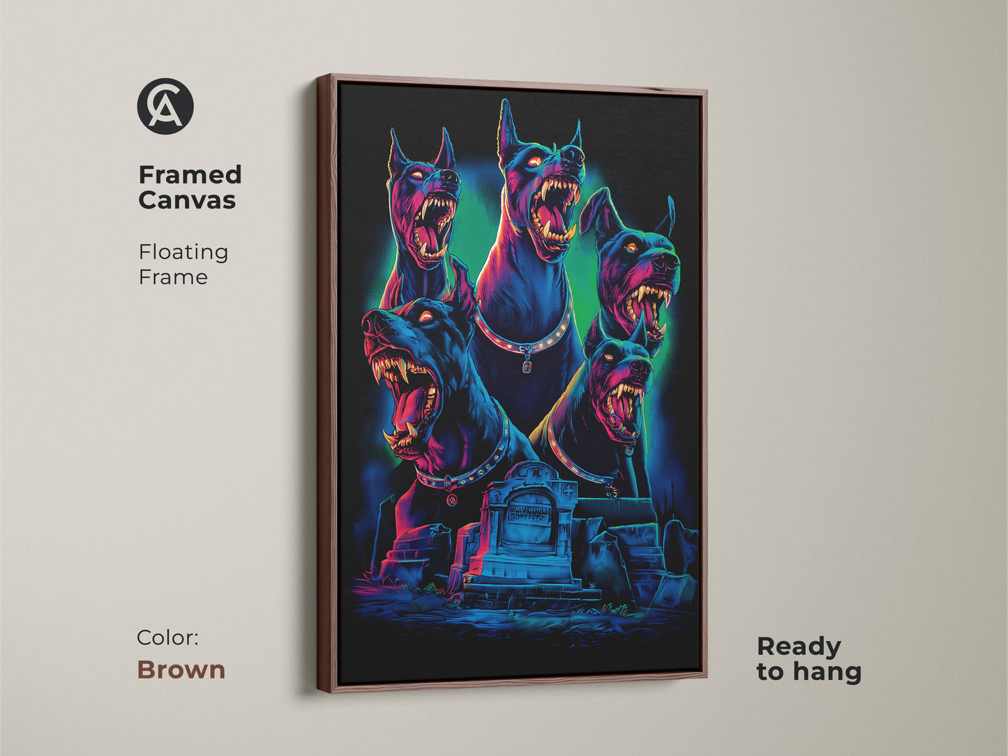Framed canvas of a Gothic Cerberus artwork. A floating brown frame surrounds this neon blue and electric pink dark fantasy print. The mythology dog art is ready to hang. It will add a unique touch to your gothic room decor.
