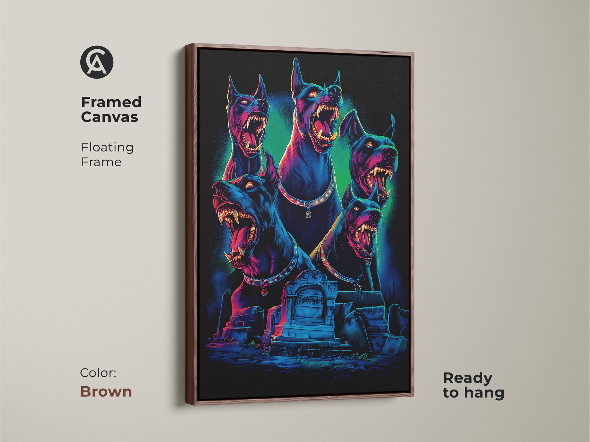 Framed canvas of a Gothic Cerberus artwork. A floating brown frame surrounds this neon blue and electric pink dark fantasy print. The mythology dog art is ready to hang. It will add a unique touch to your gothic room decor.