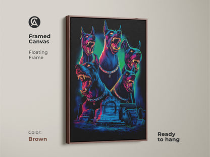 Framed canvas of a Gothic Cerberus artwork. A floating brown frame surrounds this neon blue and electric pink dark fantasy print. The mythology dog art is ready to hang. It will add a unique touch to your gothic room decor.