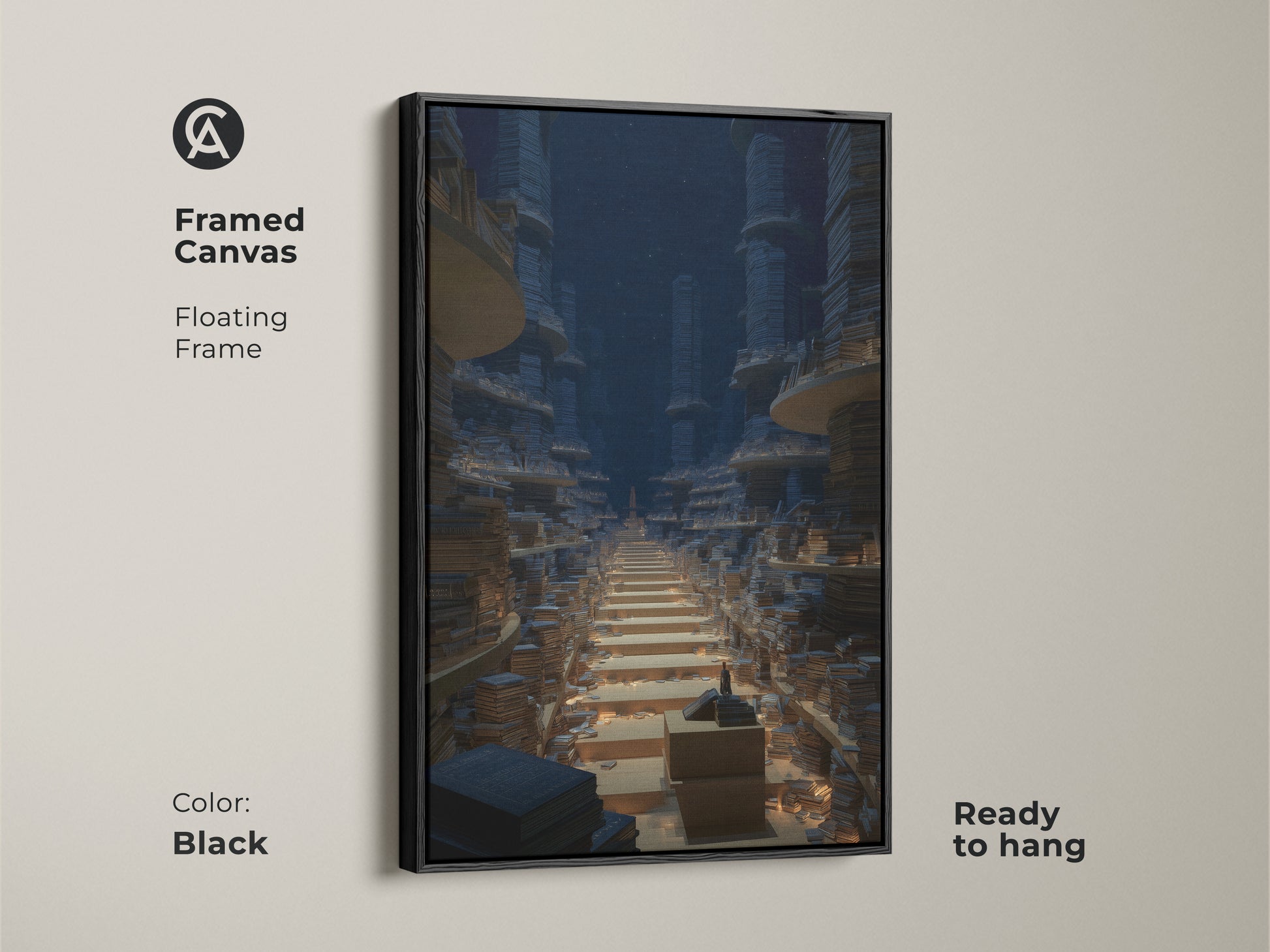 Framed canvas with a floating frame displaying surreal library wall art. The black frame enhances the blue and gold tones of the fantasy architecture print. Perfect as office wall decor or a unique gift for a knowledge seeker. This endless bookshelf art evokes imagination.