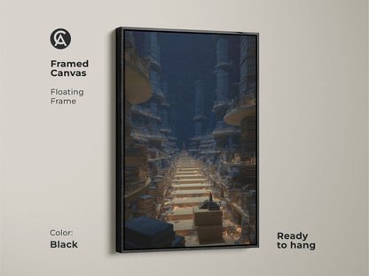 Framed canvas with a floating frame displaying surreal library wall art. The black frame enhances the blue and gold tones of the fantasy architecture print. Perfect as office wall decor or a unique gift for a knowledge seeker. This endless bookshelf art evokes imagination.