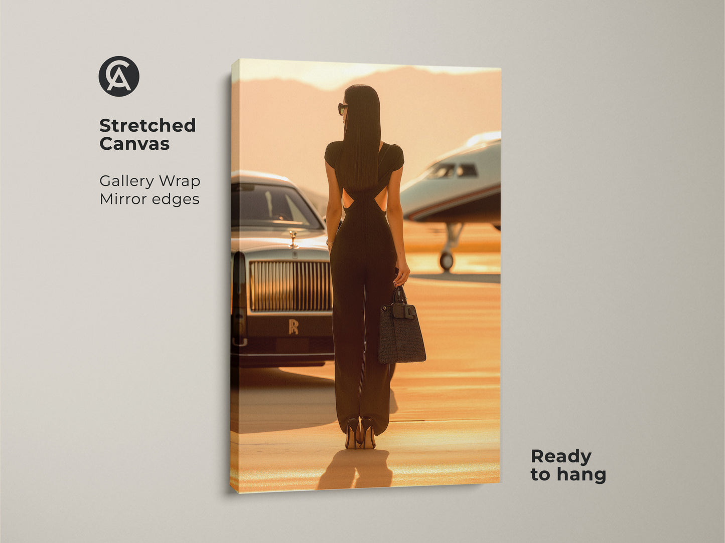 Stretched canvas of a glamorous woman with a private jet. Gallery wrapped with mirror edges. The artwork is ready to hang. A perfect piece for luxury travel canvas art. The sepia tones create a warm atmosphere.