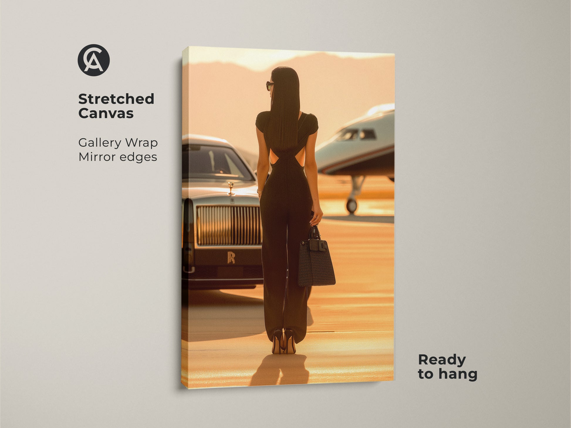 Stretched canvas of a glamorous woman with a private jet. Gallery wrapped with mirror edges. The artwork is ready to hang. A perfect piece for luxury travel canvas art. The sepia tones create a warm atmosphere.