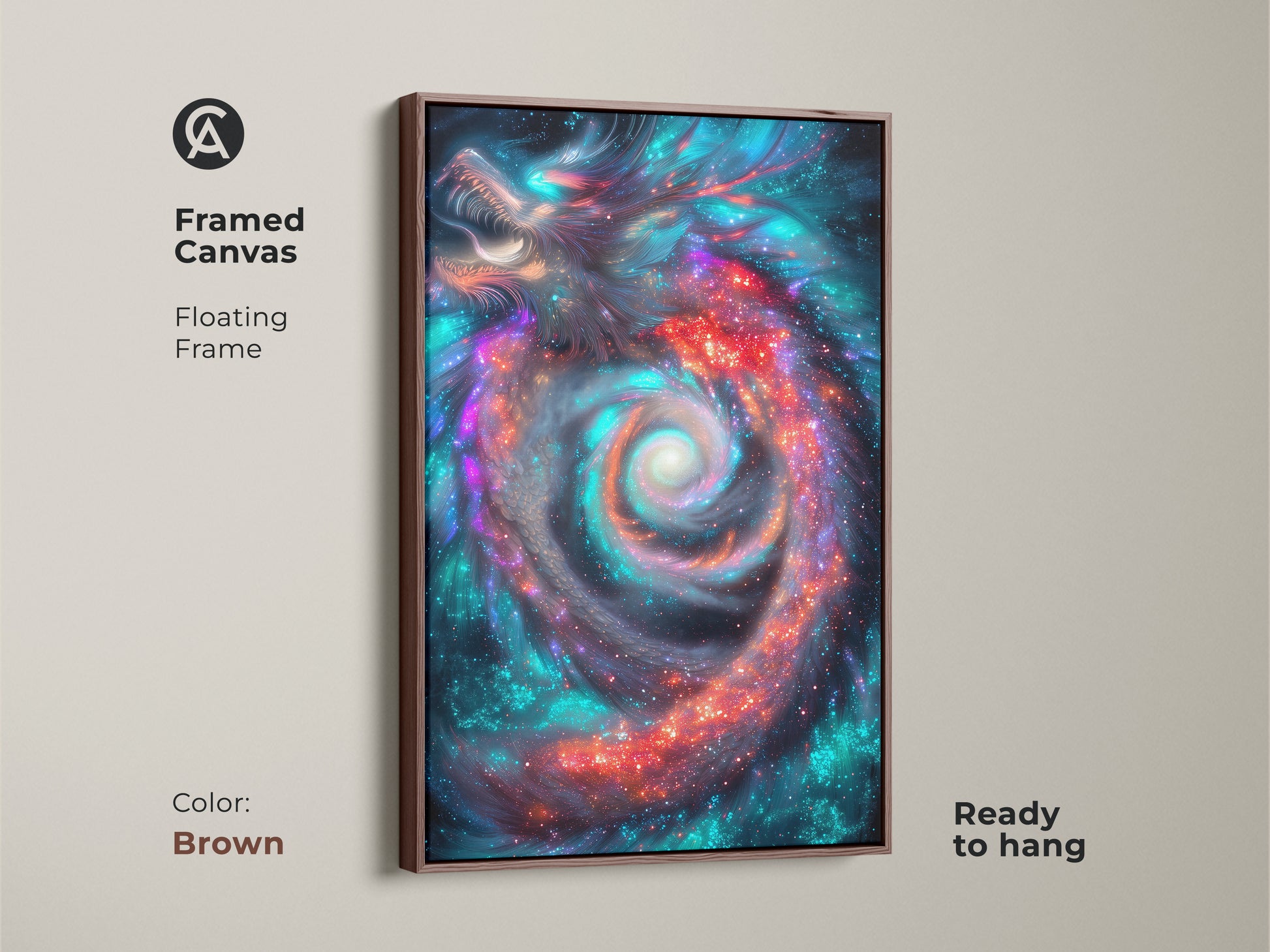 Framed canvas displays cosmic dragon art. The brown floating frame highlights the fantasy space art print. This sci-fi dragon decor is ready to hang. The artwork showcases a teal red galaxy canvas. Add to bedroom.