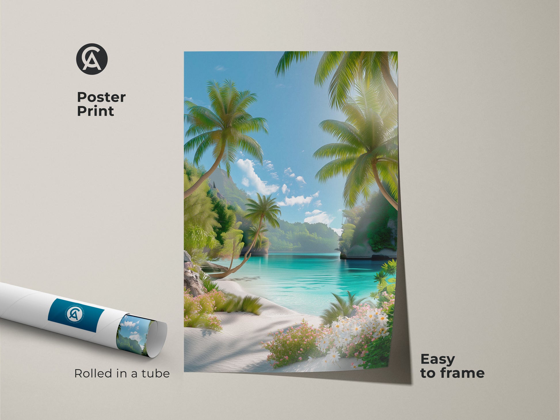 Poster print of a tropical beach scene. The artwork captures palm trees turquoise waters and white sand. Rolled in a tube for easy framing. This museum-quality poster brings the serenity of a beach to your space.