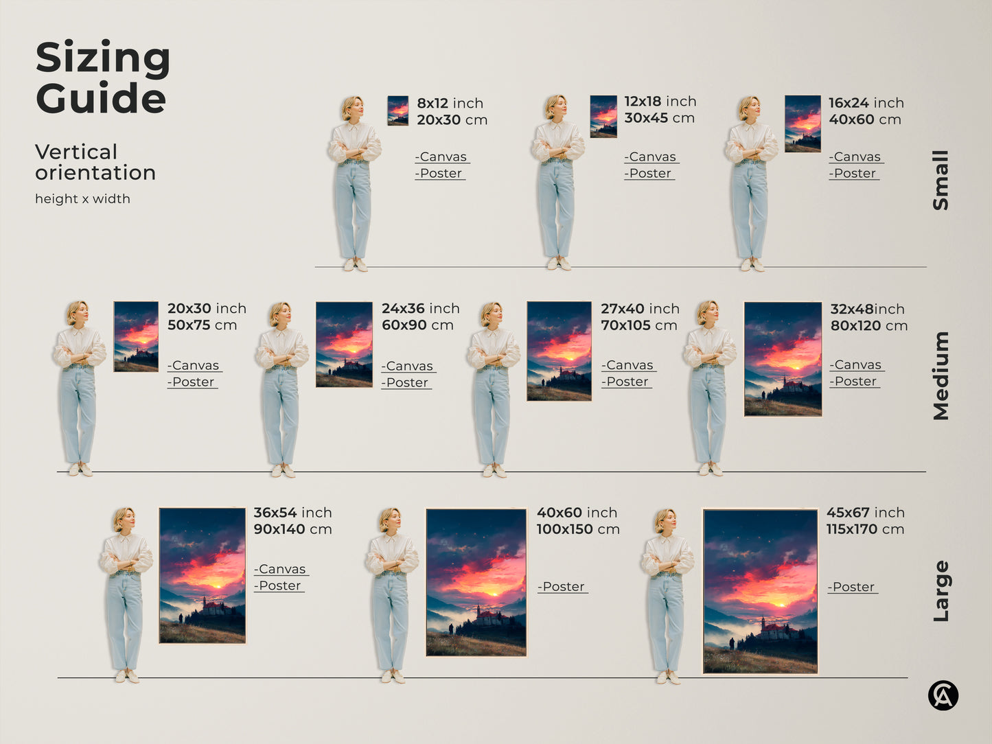 Find the perfect size for your sunset landscape artwork. This vertical orientation sizing guide helps you visualize different dimensions. Options range from small to large. Canvas and poster prints are available in multiple sizes to suit your needs.