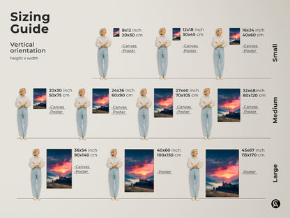 Find the perfect size for your sunset landscape artwork. This vertical orientation sizing guide helps you visualize different dimensions. Options range from small to large. Canvas and poster prints are available in multiple sizes to suit your needs.