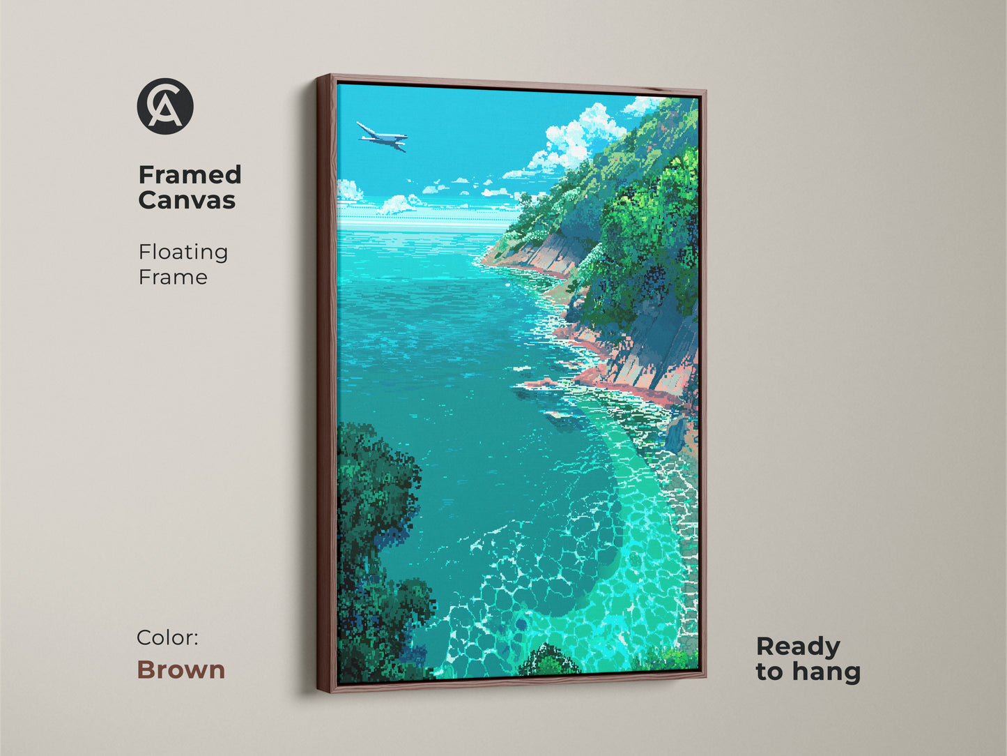 Transform your space with this framed ocean view canvas. The artwork features a plane flying over turquoise water and green cliffs. A floating brown frame enhances its beauty. It arrives ready to hang perfect for adding coastal beauty.