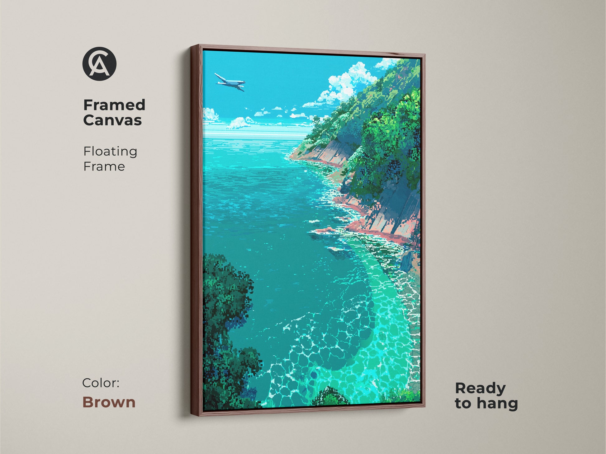 Transform your space with this framed ocean view canvas. The artwork features a plane flying over turquoise water and green cliffs. A floating brown frame enhances its beauty. It arrives ready to hang perfect for adding coastal beauty.