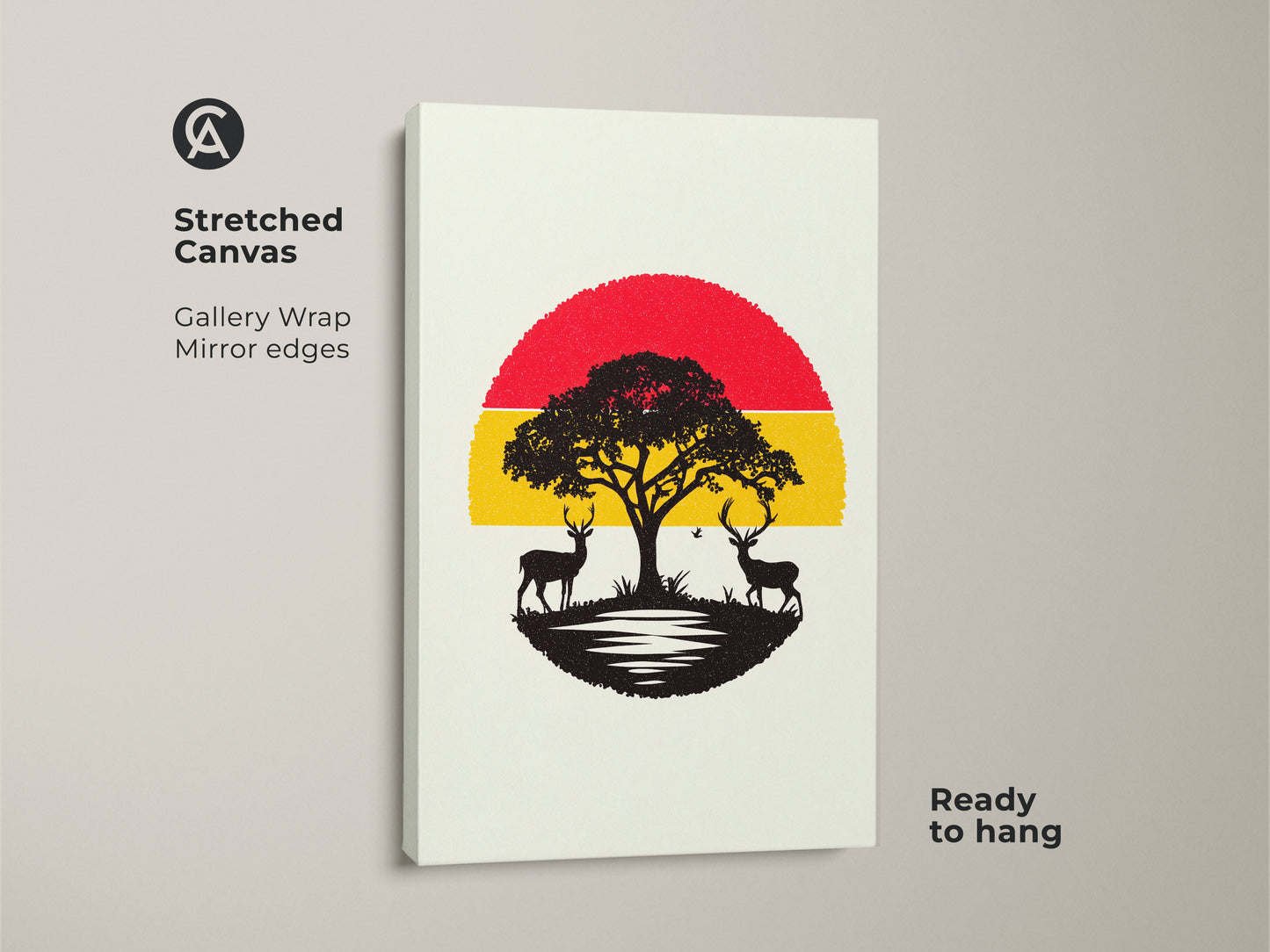 Stretched canvas featuring minimalist deer wall art. This acacia tree canvas print shows a red and yellow sunset. The black silhouette landscape is ready to hang. Perfect nature lovers gift for modern bedroom decor it has gallery wrapped mirror edges.