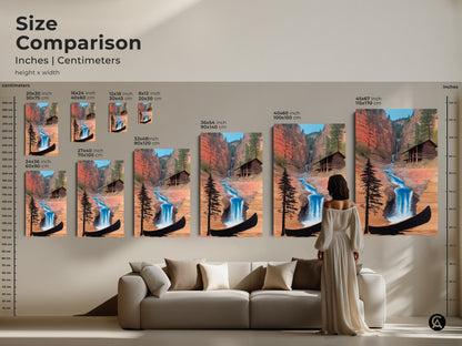 Size Comparison of Rustic Cabin Waterfall Canvas Art. Different sizes are shown in inches and centimeters. This art will make a great choice above a couch. Sizes range from small to large.
