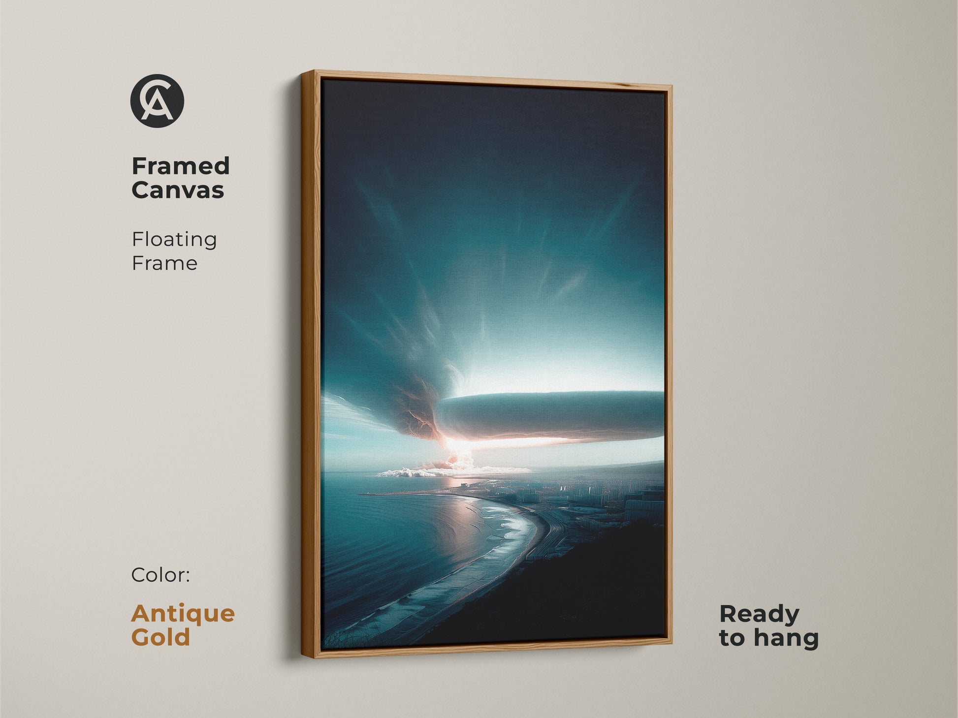 Framed Canvas presenting a deep blue coastal cityscape. The antique gold floating frame accentuates the modern artwork. It shows a stormy ocean and urban skyline. Ready to hang for a touch of coastal elegance. Great travel themed gift.