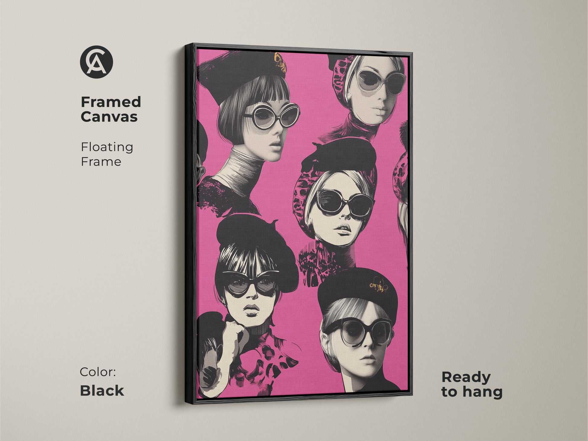 Framed canvas art of a pink fashion woman with sunglasses. The floating black frame adds a modern touch. This retro-style artwork is ready to hang. Perfect for adding eclectic flair to your home. A unique gift for fashionistas. The bold colors and chic design make it a statement piece.