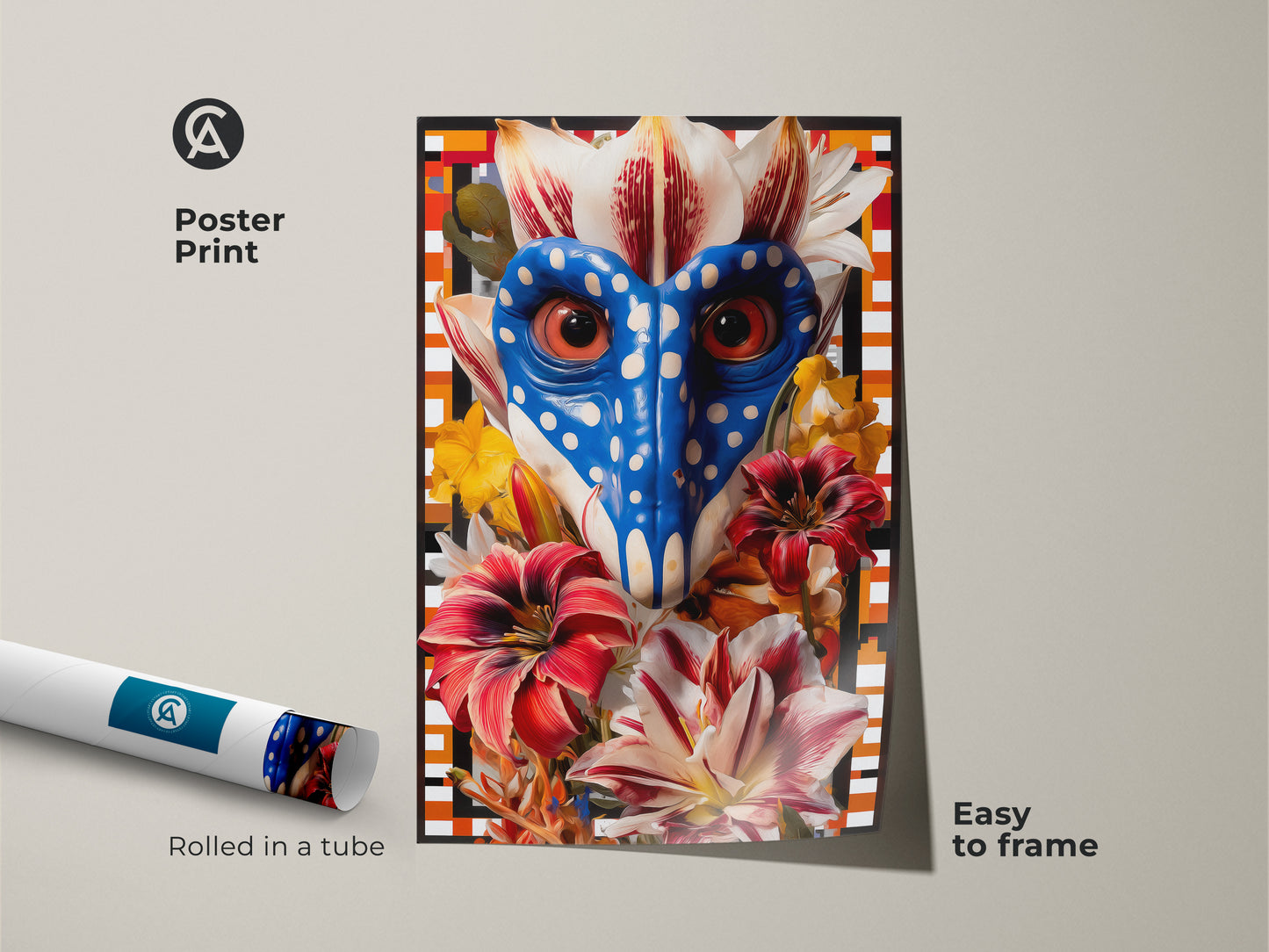 The poster print showcases a blue red orange floral art. This rolled canvas features an eclectic animal face decor. This unique lily flower print will add color to any room. It is easy to frame and makes a statement.
