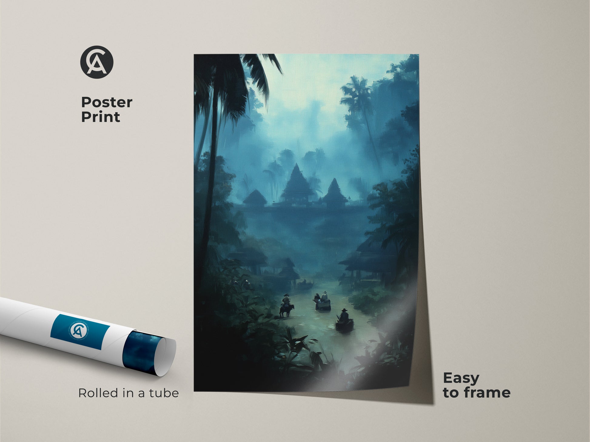 Poster print of a jungle village river art. This misty blue landscape print is easy to frame. The bohemian travel wall art is rolled in a tube for protection. The deep blue canvas art makes a unique statement. It captures a teal tropical jungle scene.