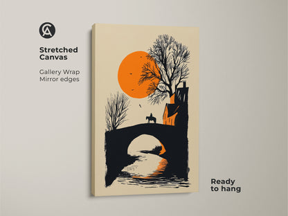 Stretched canvas print of a horse rider on a bridge at sunset. Gallery wrapped with mirror edges this minimalist landscape canvas print is ready to hang. The orange and black artwork adds a modern farmhouse touch. Ideal gift for travelers and equestrian art lovers. The rural scene offers a calming presence.