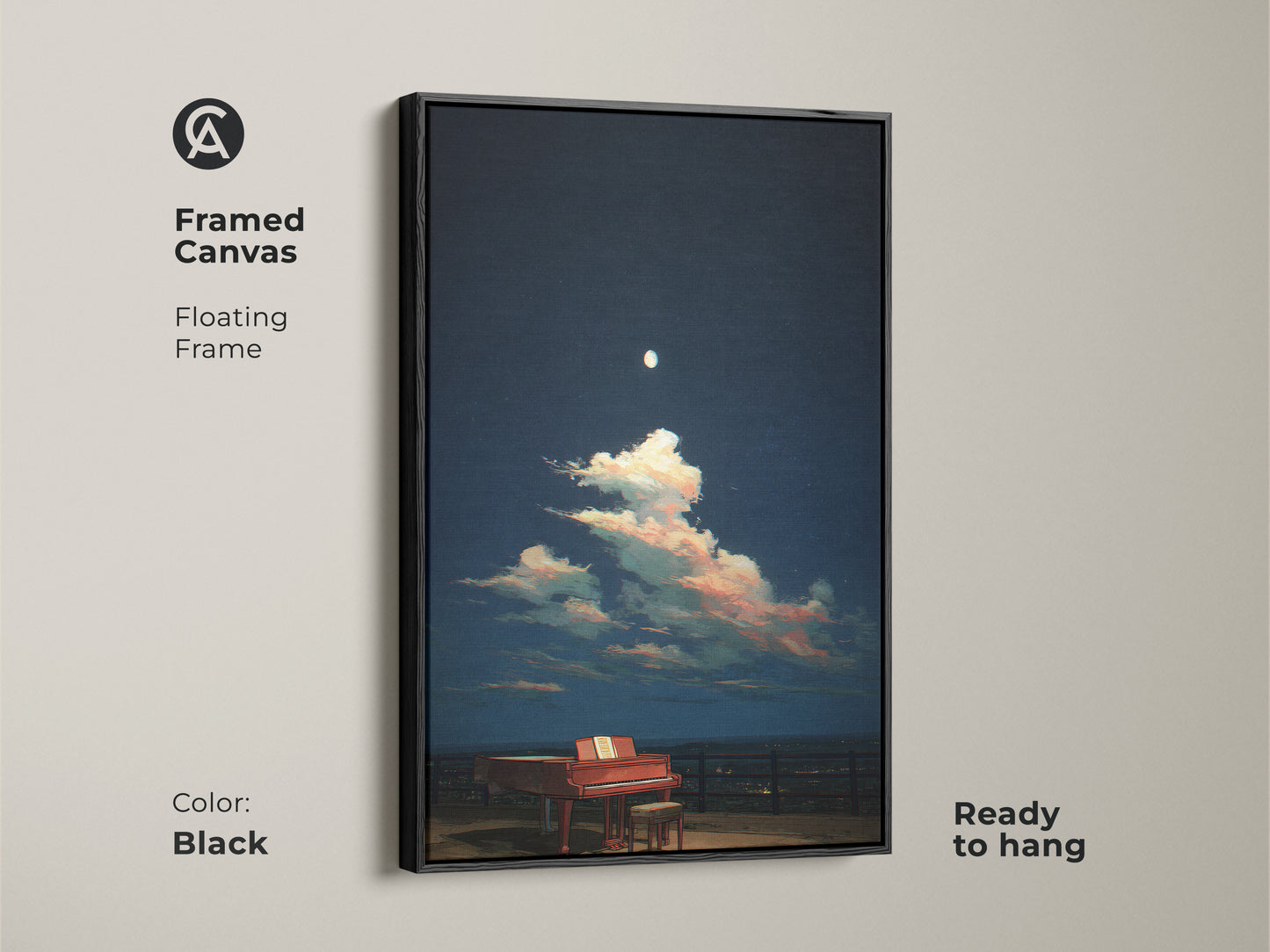 A framed canvas shows a surreal grand piano under a moonlit sky. The floating black frame enhances the artwork. Ready to hang it's ideal for any room. Pink and blue clouds create a dreamy effect. Perfect for music enthusiasts. This art adds eclectic style.